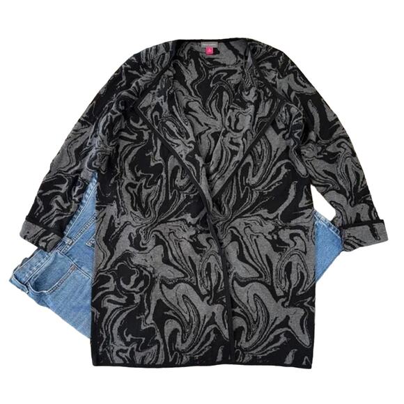 Vince Camuto Black and Grey Swirl Jacquard Open Cardigan Sweater - SIZE MEDIUM - Picture 1 of 10